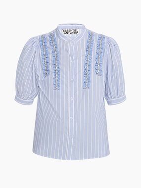 Essentiel Antwerp Pinstriped Blue & White Ruffle Button-Up Blouse